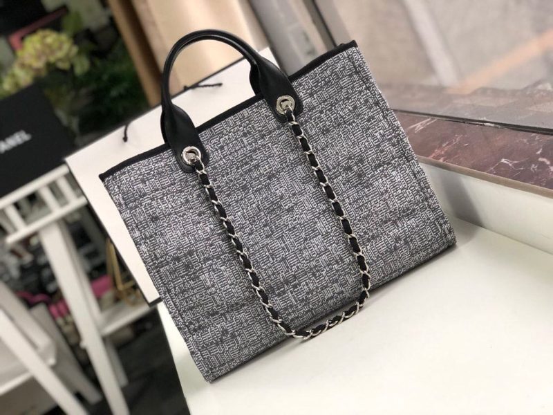 CHL Deauville Tote Raffia Canvas Bag Black/White For Women 14.9in/38cm - Image 3