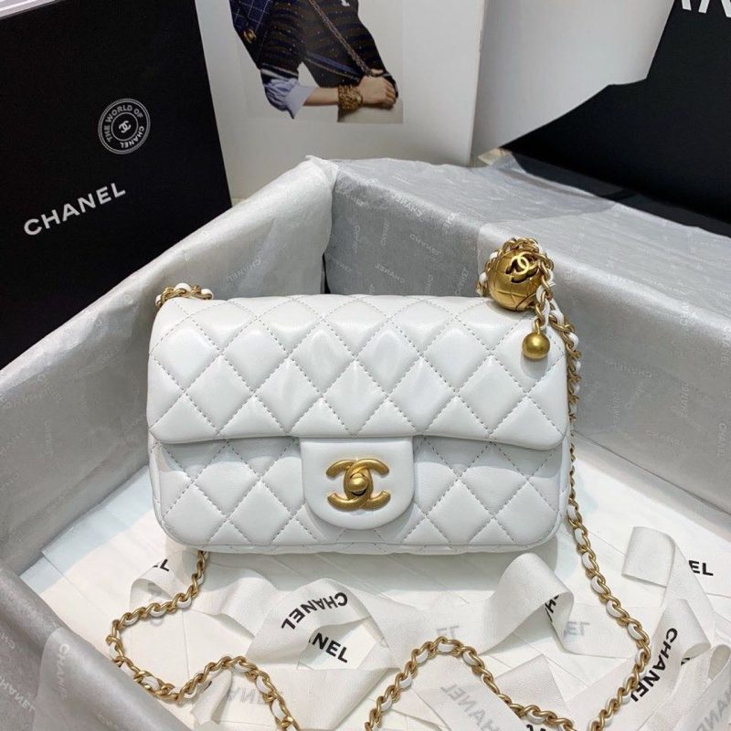 CHLFlap Bag With CHLBall On Strap White For Women, Women’s Handbags, Shoulder And Crossbody Bags 7.8in/20cm AS1787 - Image 2