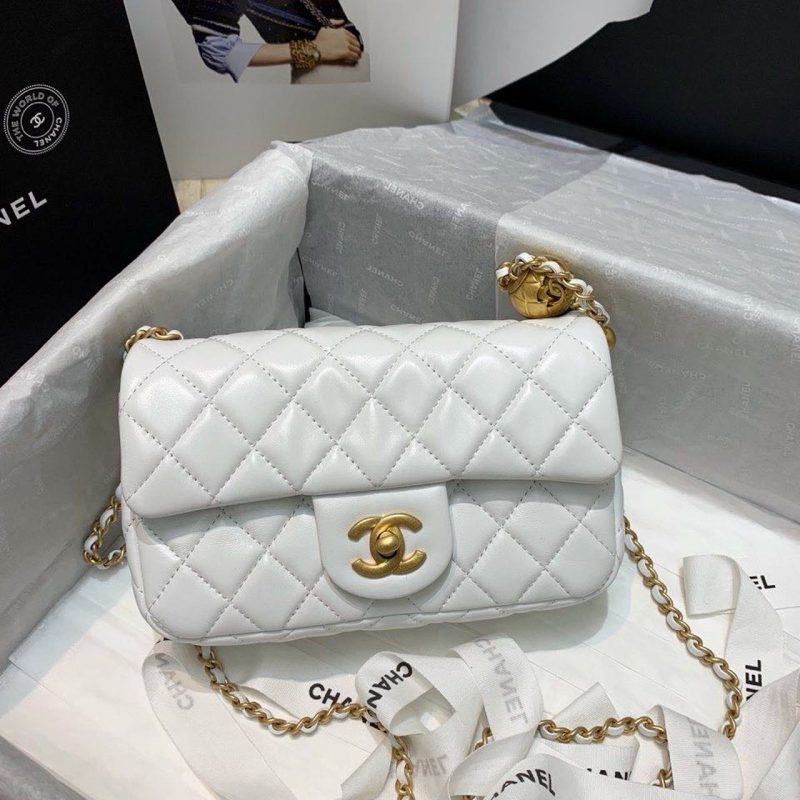 CHLFlap Bag With CHLBall On Strap White For Women, Women’s Handbags, Shoulder And Crossbody Bags 7.8in/20cm AS1787 - Image 6