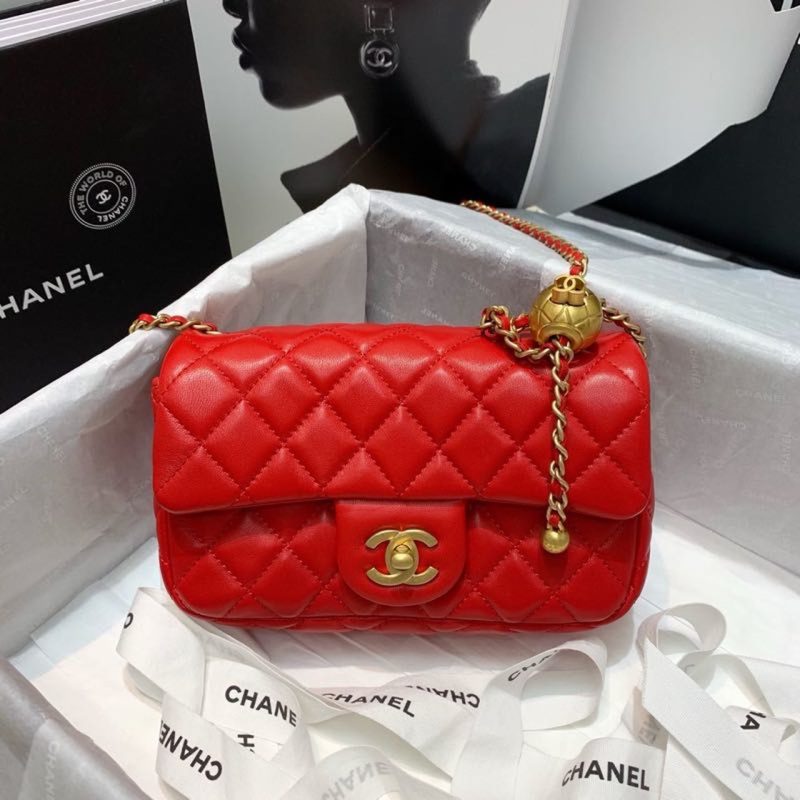 CHLFlap Bag With CHLBall On Strap Red For Women, Women’s Handbags, Shoulder And Crossbody Bags 7.8in/20cm AS1787 - Image 2