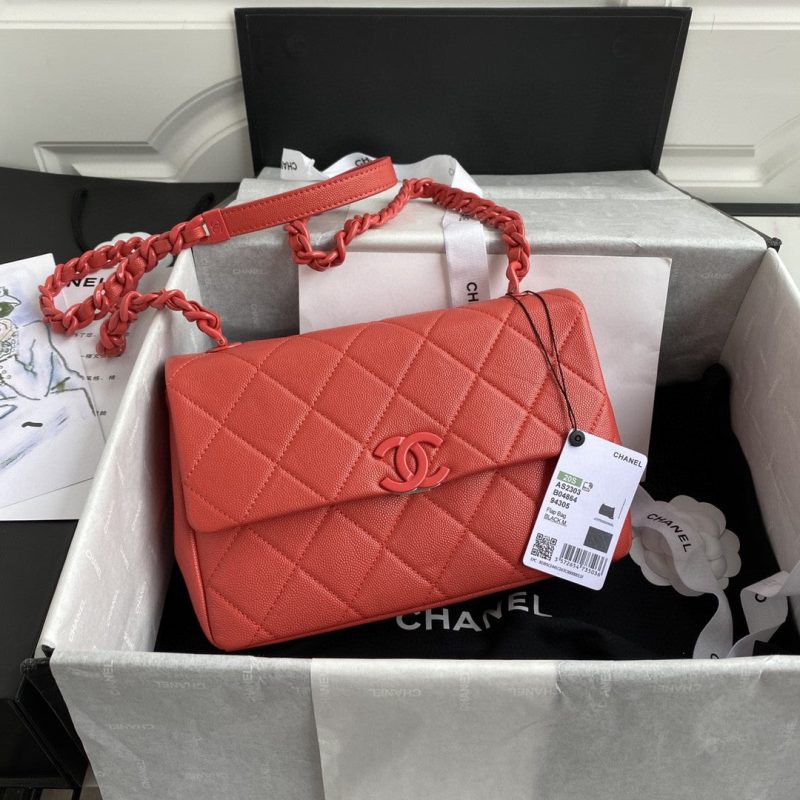 CHLFlap Bag Red Hardware Grained Red For Women, Women’s Handbags, Shoulder Bags 9.4in/24cm AS2303