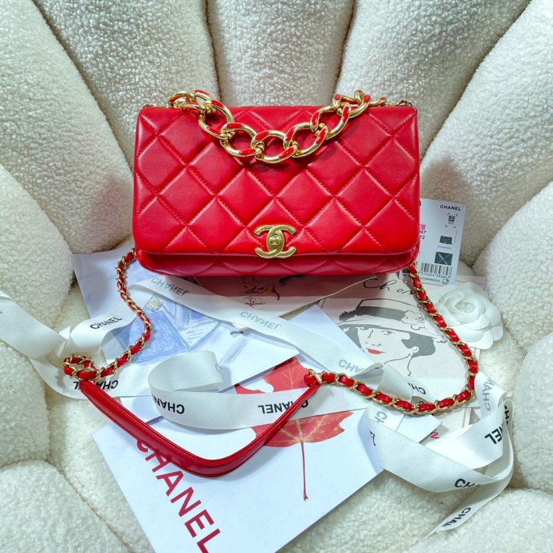 CHLLarge Flap Bag Gold Hardware Red For Women, Women’s Handbags, Shoulder Bags 9.1in/23cm AS3367