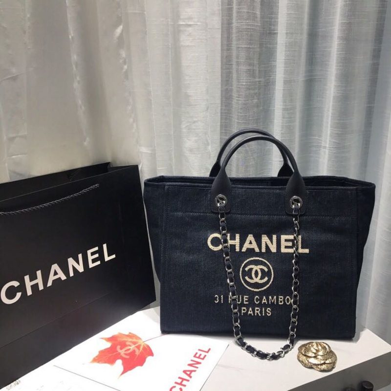 CHL Deauville Tote Canvas Bag Dark Blue Denim/White For Women 14.9in/38cm - Image 3