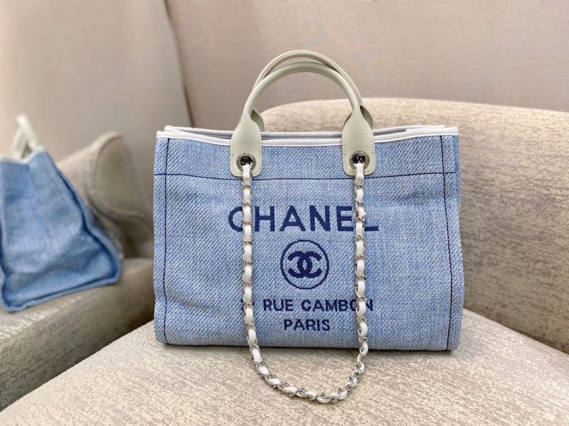 CHL Deauville Tote Tweed Canvas Bag Fall/Winter Collection, Light Blue/White For Women 15in/38cm