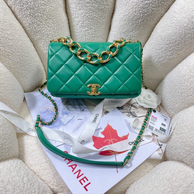 CHLLarge Flap Bag Gold Hardware Green For Women, Women’s Handbags, Shoulder Bags 9.1in/23cm AS3367