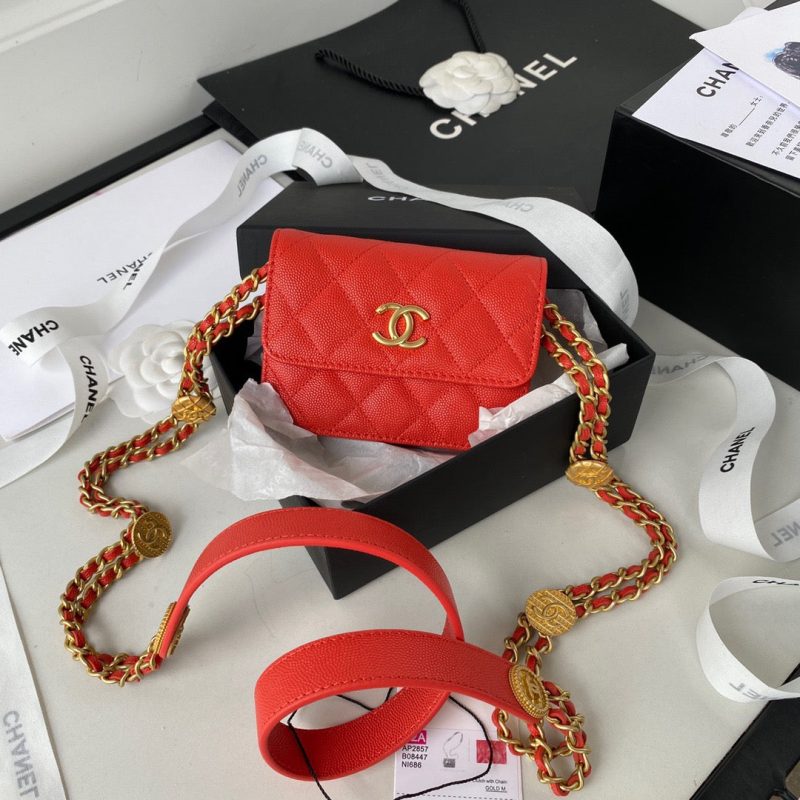 CHL Clutch With Chain Gold Hardware Grained Shinny Red For Women, Women’s Handbags, Shoulder Bags 4.7in/12cm AP2857